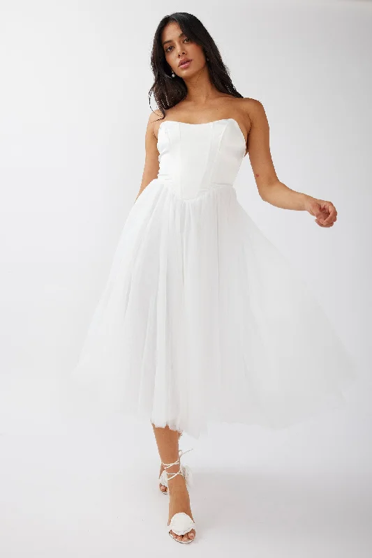 Rosemary Tulle Bustier Midi Dress White Chic Outfits