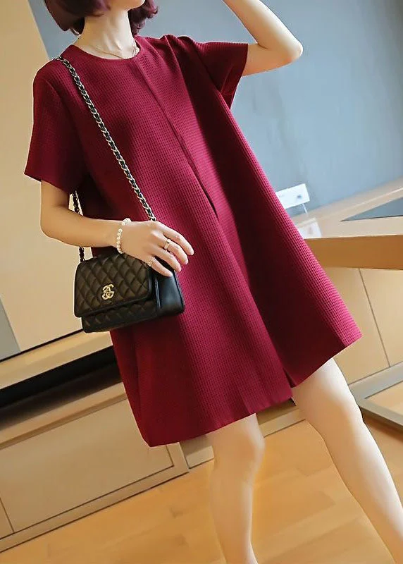 Classy Mulberry O-Neck Wrinkled Cotton Mini Dress Summer Elegant Style