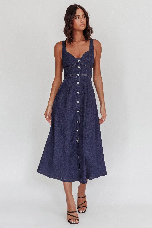 Pixie Dust Button Front Midi Dress Dark Denim Hurry Before It's Gone