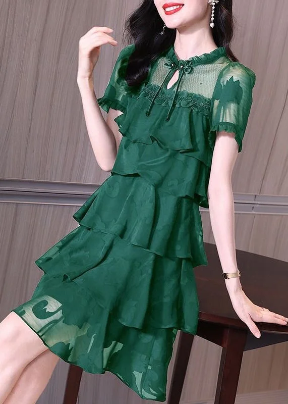 Classy Green Ruffled Button Patchwork Chiffon Mid Dress Summer Save On Classic Elegant Styles