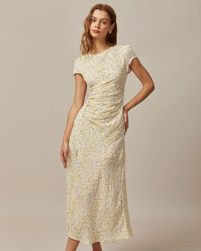 The Yellow Round Neck Floral Midi Dress Elegant Style