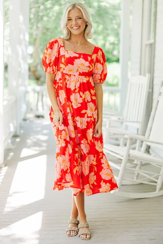 Think About It Red Floral Midi Dress Fashion Essentials