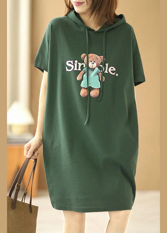 French Green Hooded Drawstring Print Cotton Pullover Sweatshirt Dress Short Sleeve Summer Deals