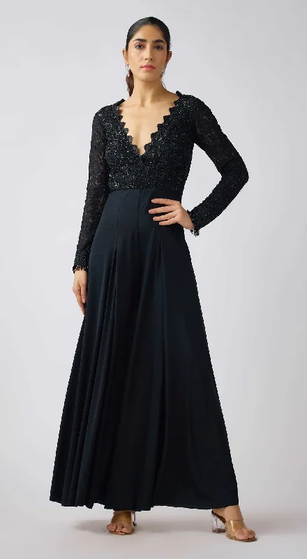 Black Chantilly Net Embroidered Jumpsuit Elegant Style