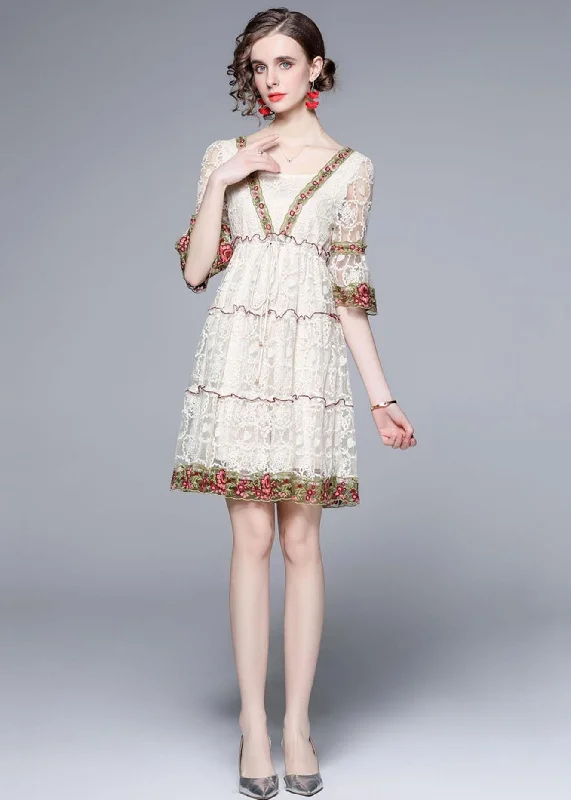 Style White Ruffled Embroideried Patchwork Lace Mid Dress Summer New Styles Just In