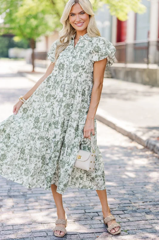 Perfect For You Olive Green Toile Button Down Midi Dress Sophisticated Fashion