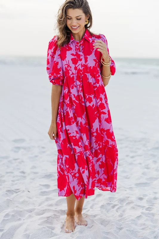 Here For A Good Time Red Floral Midi Dress Holiday Sale