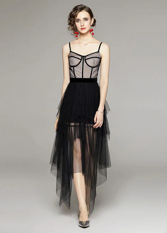 Style Black Asymmetrical Patchwork Tulle Spaghetti Strap Dress Summer Break Fashion Norms