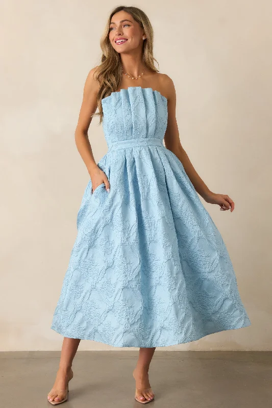 The Genevieve Sky Blue Floral Jacquard Strapless Midi Dress Must-Have Styles