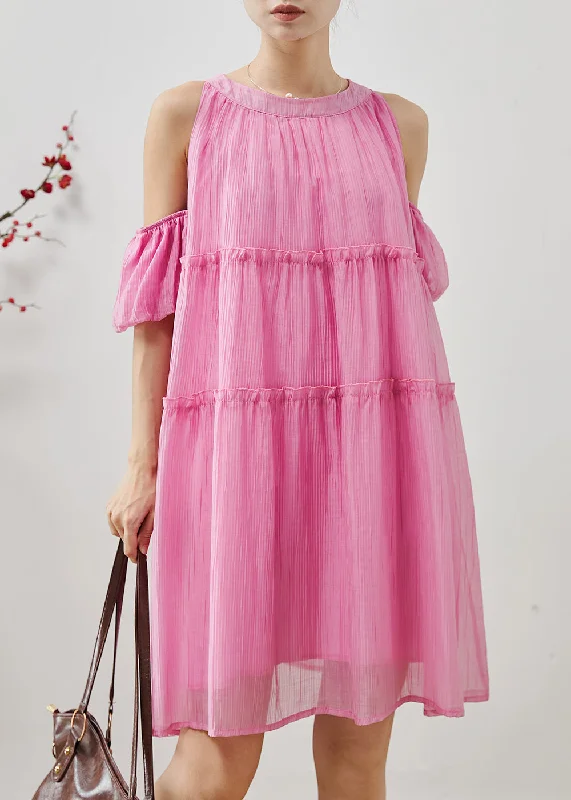 Classy Pink Cold Shoulder Chiffon Beach Dress Summer Ride The Style Wave