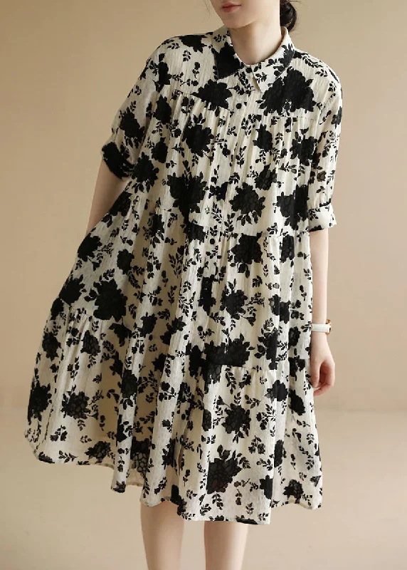 Classy Beige Peter Pan Collar Wrinkled Black Floral Party Dress Short Sleeve Elegant Style