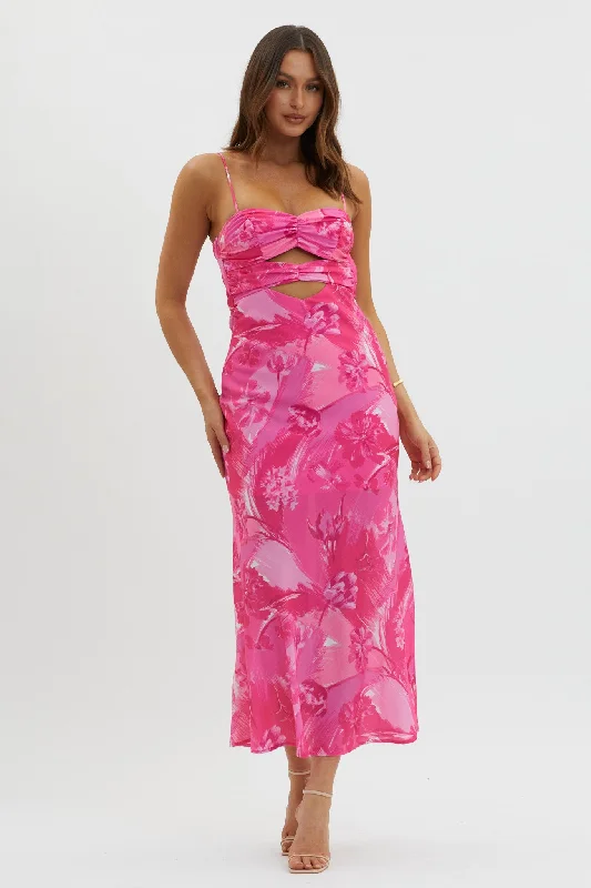 Melania Cut-Out Bodice Dress Floral Pink Graceful Drape