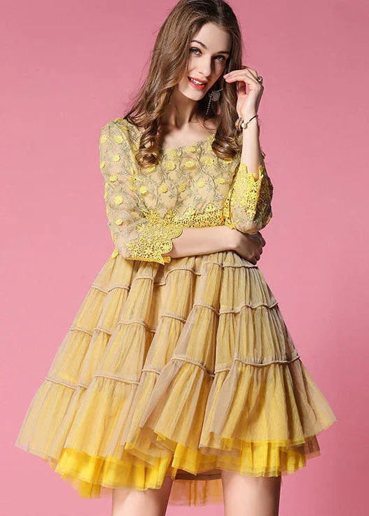 Women Yellow Embroideried Lace Patchwork Tulle Dress Bracelet Sleeve Mid Season Sale