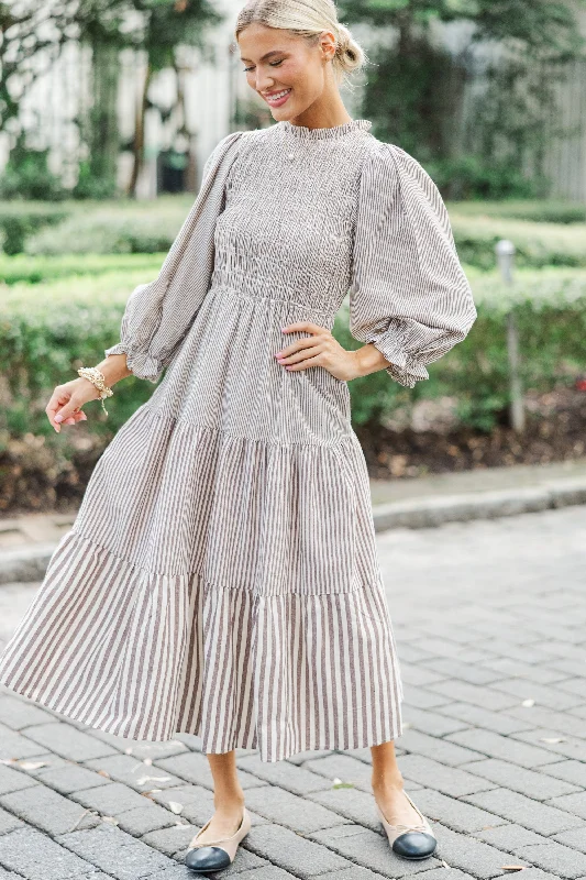 Back To You Brown Striped Midi Dress Style Upgrade