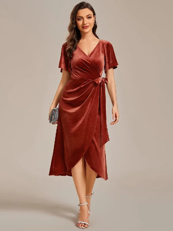 Tala | One-Piece Type Short Sleeves V-Neck Velvet Midi Wedding Guest Dress Quick Grab Deals