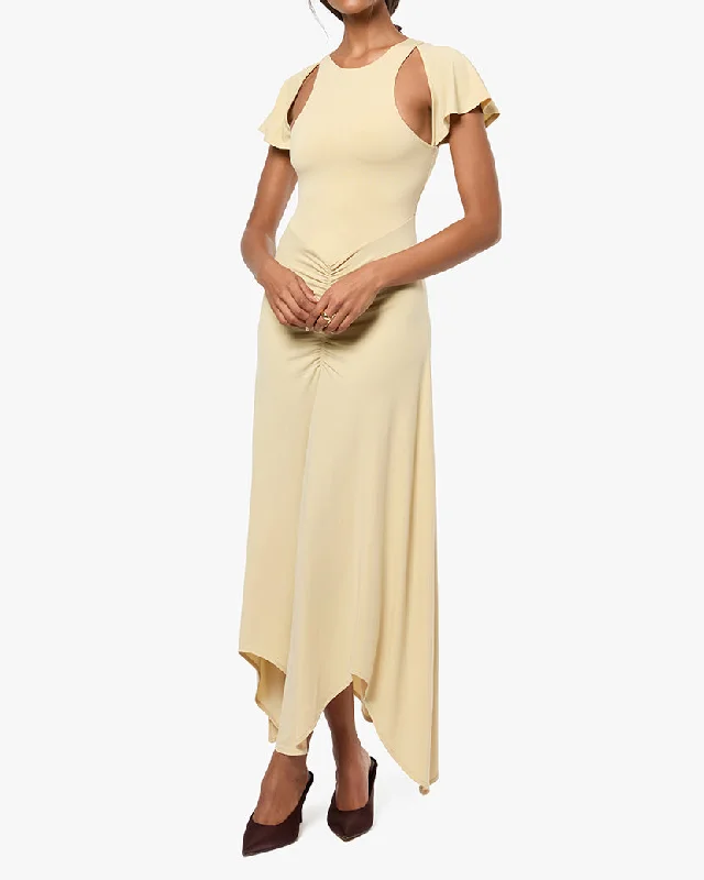 Ruched Cut Out Asymmetrical Midi Dress Playful Elegance