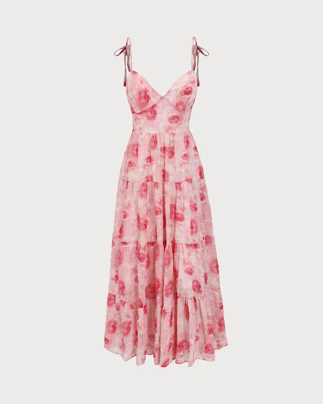 Pink Floral Tie Strap Midi Dress Limited Time Offer