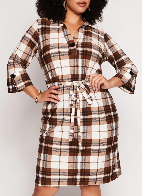 Plus Size Crepe Knit Plaid Shirt Dress Trendy Pulse