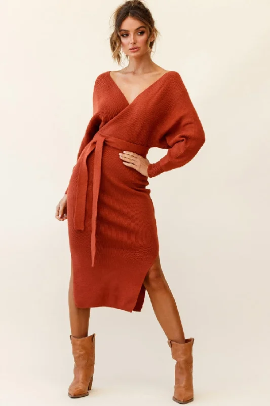 Cameo Batwing Knit Midi Dress Camel Fashion Deal