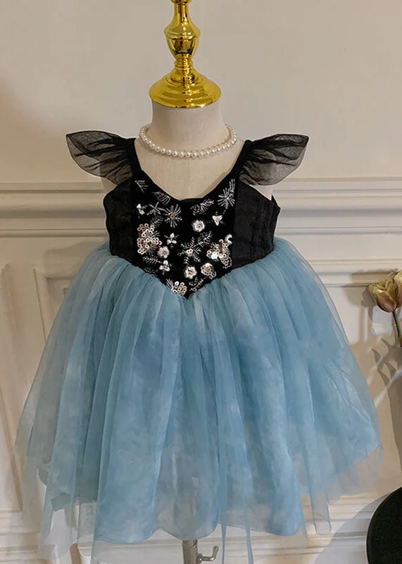 Stylish Blue Embroideried Wrinkled Patchwork Tulle Kids Girls Dress Sleeveless Clearance Sale, All Cheap