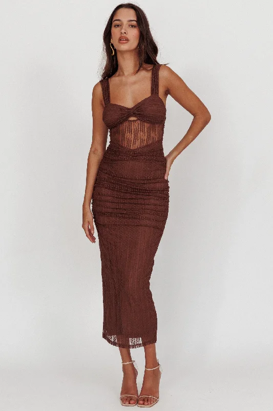 Oliana Embroidered Mesh Midi Dress Chocolate Latest Trends