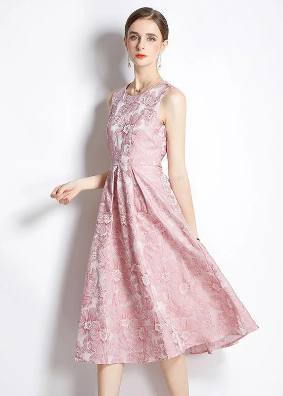 Bohemian Pink Jacquard Exra Large Hem Silk Holiday Dress Sleeveless Sophisticated Cut