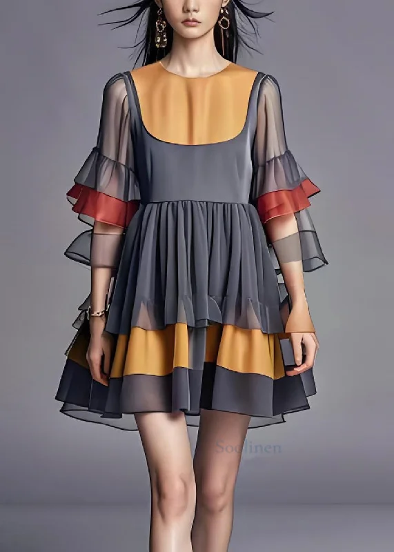 Stylish Grey O Neck Ruffled Patchwork Chiffon Dresses Summer Fashion Sale