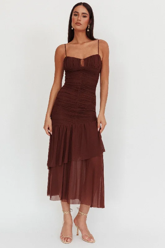 Kailua Ruched Tiered Hem Maxi Dress Chocolate Urban Femme Streetwear