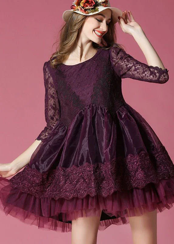 Boho Dark Purple Embroideried Lace Patchwork Organza Mini Dresses Summer Sophisticated Outfits