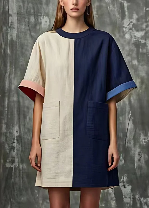 Women Colorblock Oversized Patchwork Pockets Linen Dress Summer Exquisite Craftsmanship