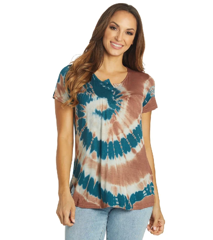 Yak & Yeti Spiral Tie Dye Loose Fit Tee Teal Casual Chic