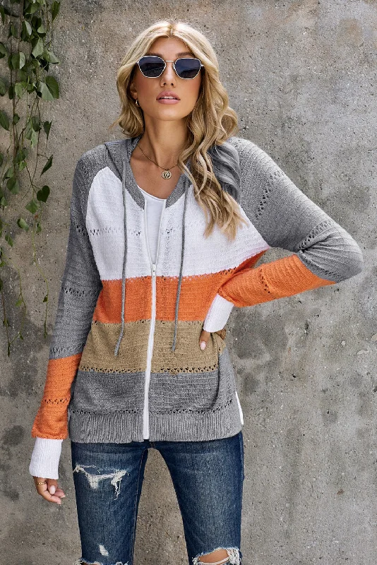 Zip-Up Raglan Sleeve Openwork Hooded Cardigan Urban Femme Streetwear