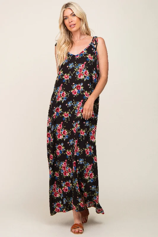 Black Floral Shoulder Tie Maxi Dress Chic Sophistication