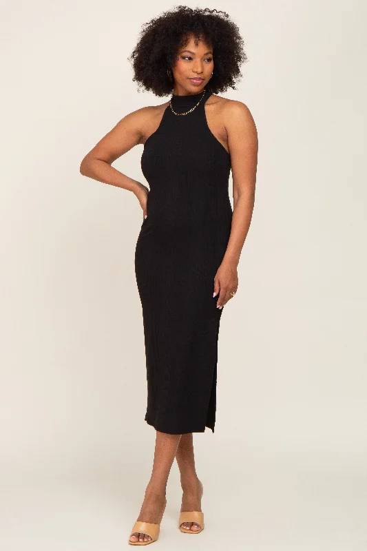 Black Ribbed Mock Neck Sleeveless Side Slit Midi Dress Gift Ideas