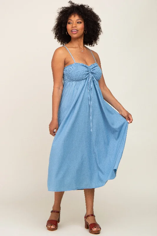 Blue Chambray Cinched Smocked Midi Dress Versatile Wardrobe Essentials