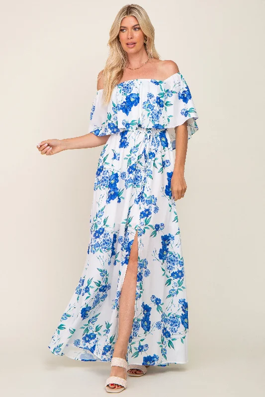 Blue Floral Overlay Off-Shoulder Side Slit Maxi Dress The Latest Trends