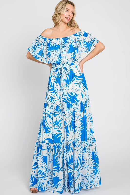 Blue Leaf Print Strapless Tiered Maxi Dress Final Clearance