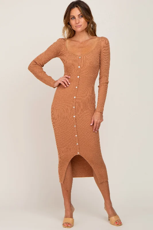 Camel Ribbed Button Accent Long Sleeve Dress Eco Friendly Fashion Sale