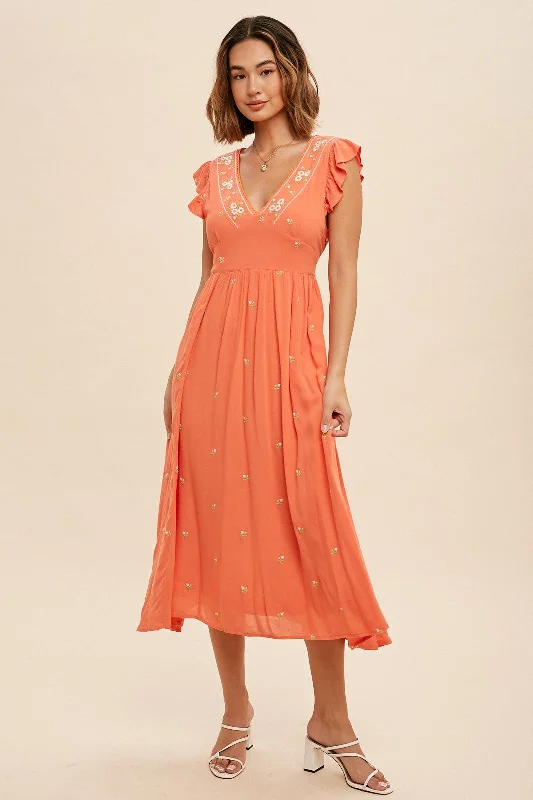 Coral  Floral Embroidered V Neck Midi Dress Season Appropriate Women's Collection