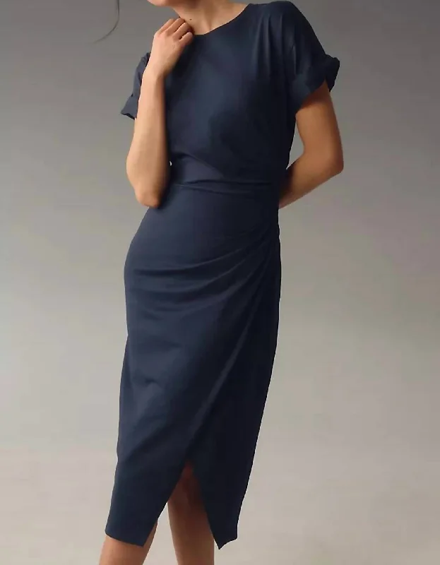 Faux Wrap Midi Dress In Navy Cottagecore Rustic Charm Style