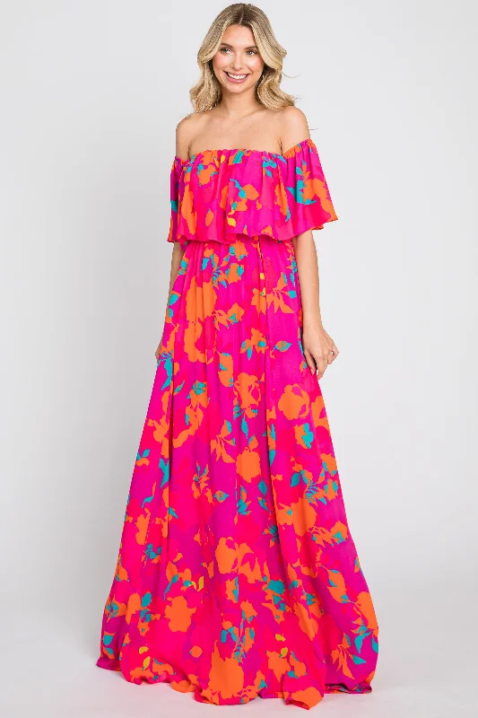 Fuchsia Floral Strapless Flounce Maxi Dress Style Revolution