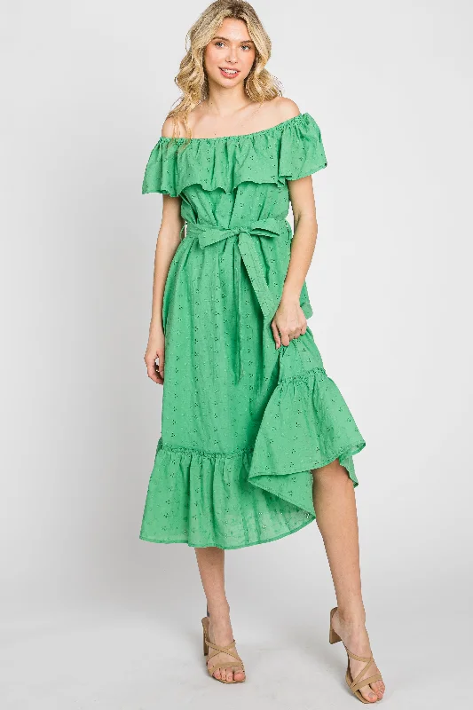 Green Eyelet Embroidered Ruffle Off Shoulder Midi Dress Fashion Frontiers