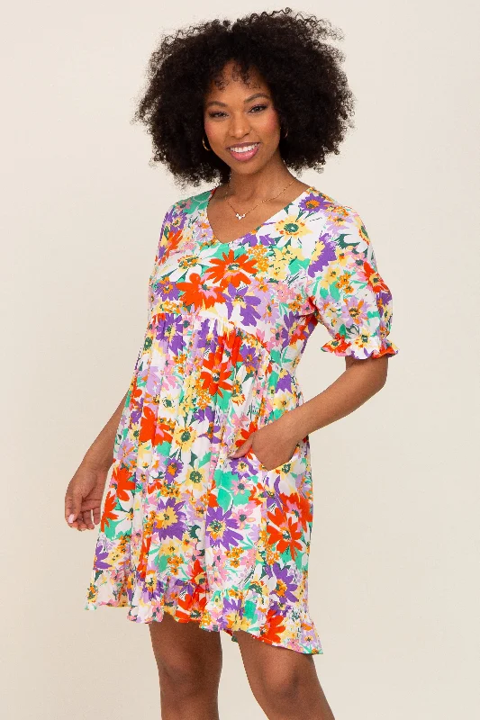 Ivory Floral V-Neck Puff Sleeve Dress Trendy Street Style