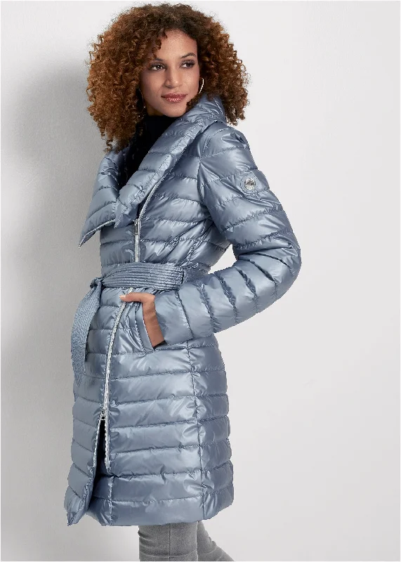 Metallic Puffer Coat - Blue Huge Savings On Parisian Styles