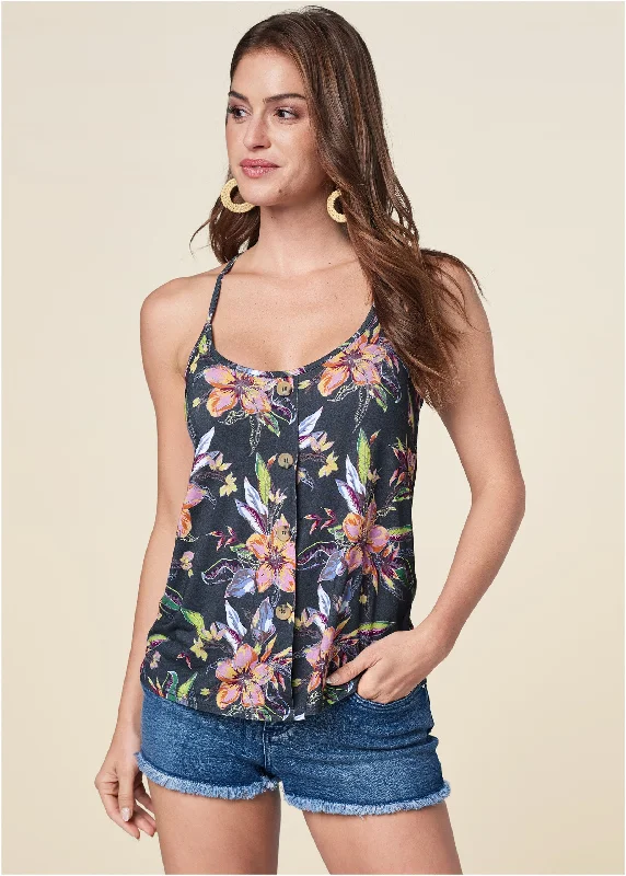 Button Detail Floral Tank - Black Multi Daily Essentials