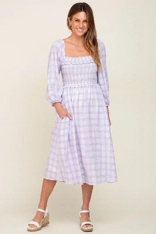 Lavender Plaid Smocked Square Neck Lace-Up Back Midi Dress Big Savings On Rustic Countryside Styles