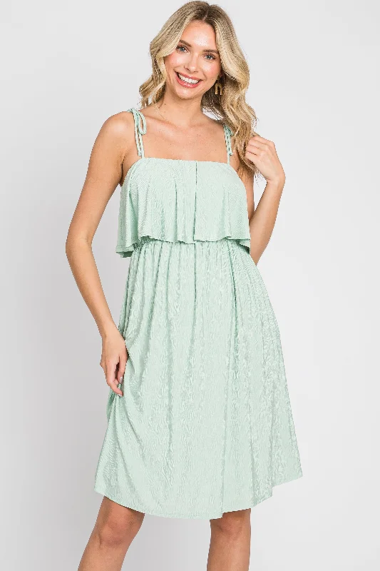 Light Olive Ruffle Overlay Shoulder Tie Dress Holiday Glam