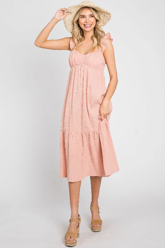 Light Pink Gauze Ruffle Midi Dress Hot Trends