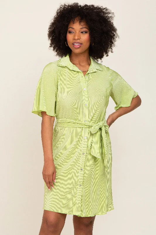 Lime Pleated Button Front Tied Waist Dress Effortless Grace