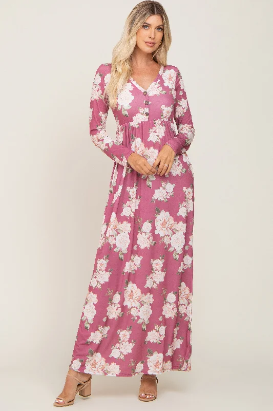 Mauve Floral Button Front Maxi Dress Stylish Savings